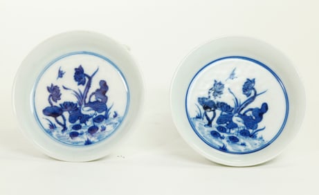 Pr Chinese Small Blue & White Porcelain Plates