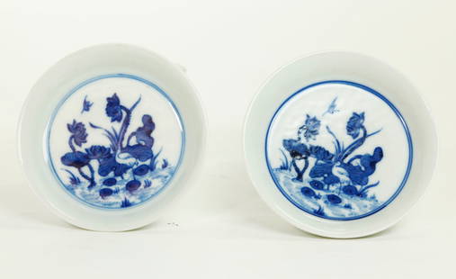 Pr Chinese Small Blue & White Porcelain Plates: Pair Chinese Small Blue & White Porcelain Plates, the inside centers with Egrets in a Lotus Pond, the bottomswith 6 character Yongzheng marks inside double rings all in underglaze blue. Diameter 3 inc