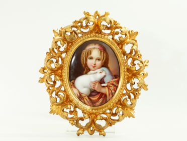 European 19 C Porcelain Plaque Girl & White Rabbit