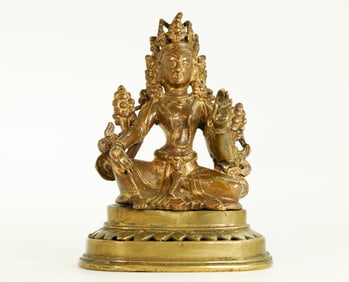 Fine Tibetan 18th C Gilt Bronze Seated Green Tara