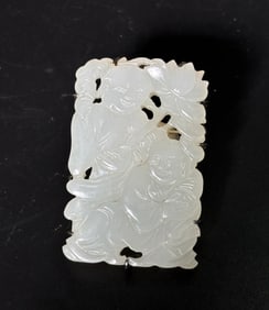 Chinese White Jade Plaque Hehe Erxian in Pin