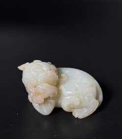 Chinese Pale Celadon Jade Archaistic Seated Beast