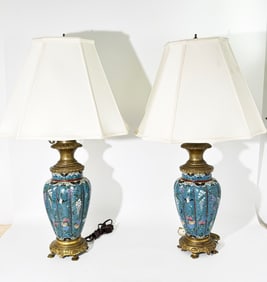 Pr Chinese 19th C Cloisonne & French Bronze Lamps