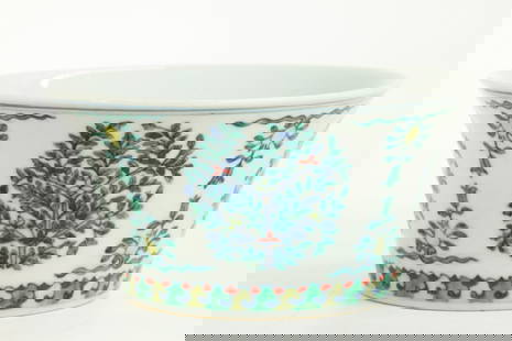 Chinese Doucai Enamel Porcelain Flared Bowl: Chinese Doucai Enamel Porcelain Bowl with sides flared up to the mouth, the outside with trees in underglaze blue and overglaze transparent enamels, the base with 6 character Jiaqing seal mark. Height