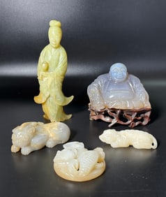 5 Chinese Jade, Chalcedony, Stone Carvings