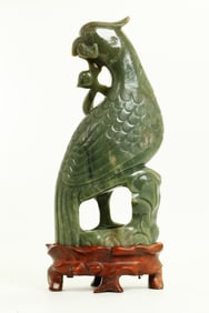 Good Chinese 19th C Green Jade Parrot & Peach
