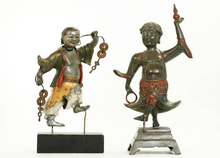 Chinese Ming Bronze Immortal; Qing Pewter Liuhai: Chinese Ming Dynasty Bronze standing Immortal with young face and bare belly showing through a robe with leaf belt and holding a ring and a double gourd with traces of coloring, all mounted on a 4 sid