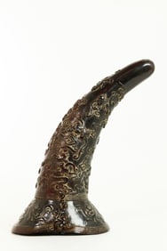 Chinese Chilong & Cloud Carved Water Buffalo Horn