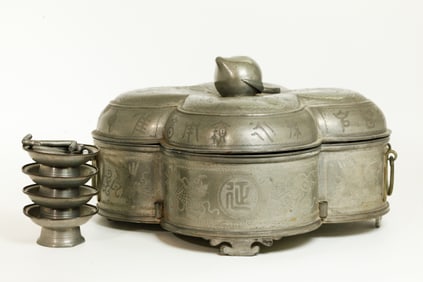Lg Chinese Qing Pewter 5 Bowl Warming Container