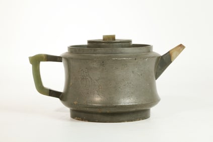 Lg Chinese Qing Pewter Teapot; Jade Parts