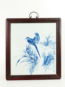 Chinese Artist Blue Porcelain Bird Orchid Plaque