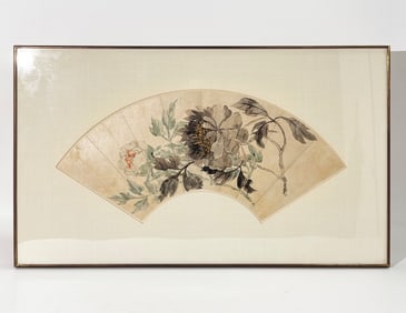 Fine Chinese 19th C Fan Painting "Peonies"