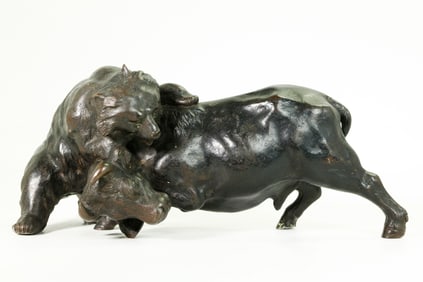Japanese Signed Bear & Bull Bronze Casting
