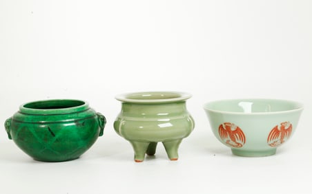 3 Chinese Green Porcelains; Bowl & 2 Censers
