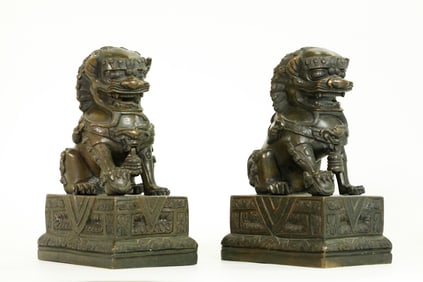 2 Chinese Carved Bronze Fu Lions