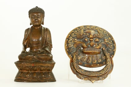 Chinese Ming Bronze Seated Buddha; Lion Handle