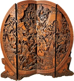 Chinese Carved Wood 4 Panel Moon Door Screen