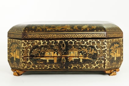 Chinese 19th C Black & Gold Lacquer Sewing Box