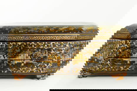 Chinese 19th C Black & Gold Lacquer Sewing Box: Chinese Export 19th Century Black & Gold Lacquer octagonal Sewing Box with hinged top with lock enclosing boxes & trays in lacquer and bone sewing accessories, below the top is a drawer with lock (and
