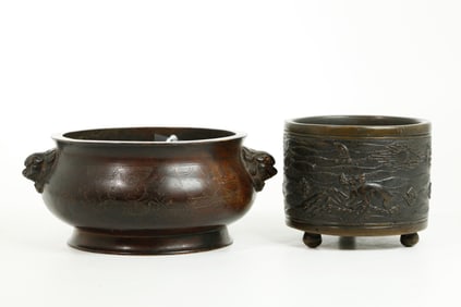 2 Good Chinese 19th C Cast Bronze Incense Burners