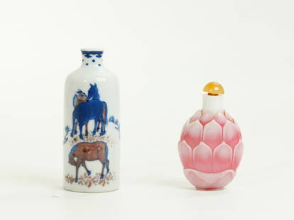 2 Chinese Snuff Bottles; 1 Glass 1 Porcelain: 2 Chinese Snuff Bottles; 1 Pink Glass over milk white carved to form a Lotus blossom with small foot ring; and 1 tubular Porcelain with 5 horses under a willow tree in underglaze blue & red. Height of