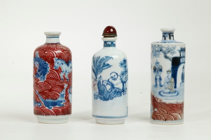 3 Chinese Blue & Red Porcelain Tube Snuff Bottles