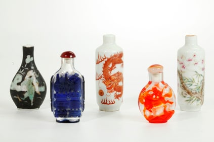 3 Chinese Porcelain Snuff Bottles 2 Overlay Glass