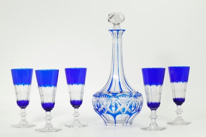 5 Bohemian 19th C Cobalt & Clear Flutes; Decanter
