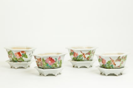 Set of 4 Chinese Porcelain Planters & Underplates