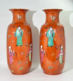 Lg Pr Chinese Baxian Porcelain Coral Ground Vases