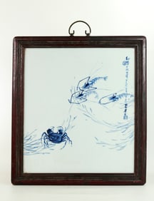 Chinese Artist Blue Porcelain Crab Shrimp Plaque