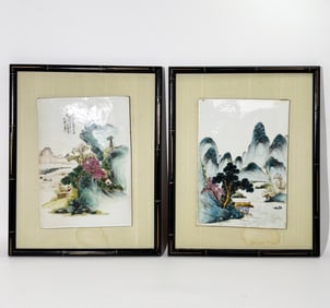 2 Chinese Famille Rose Enameled Porcelain Plaques