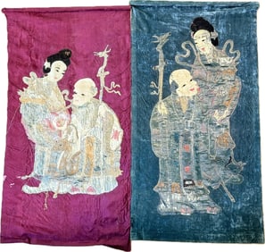 2 Chinese Shouxing, Magu & Deer Embroideries