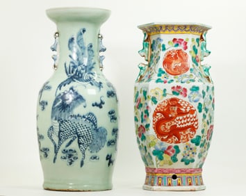 2 Chinese Blue & White Celadon, Hexagonal Vase