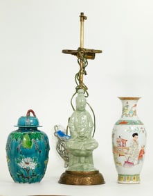 Chinese Melon Porcelain Jar Crackle Guanyin & Vase