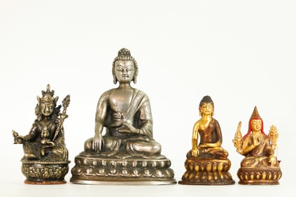 4 Tibetan Seated Bronze Figures; 2 Gilt 2 Silvered