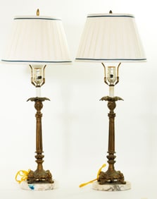 Pr Vintage Designer Candlestick Marble Base Lamps