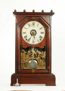 Seth Thomas 1880's Aesthetic Movement Mantel Clock: Seth Thomas; 1880's Aesthetic Movement Mantel Clock with chimes, the dial with the Gothic "S T" in a diamond & circle mark, the glass with a reverse gilt decoration of Cranes, Sunflowers, Lotus, a Cre