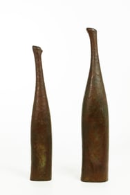 2 Japanese Mid 20th C Artist Bronze Bud Vases