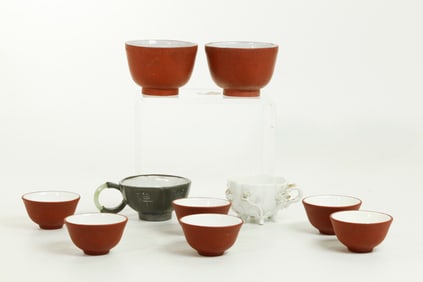 9 Chinese Yixing Zisha Sm Cups; 1 Meissen