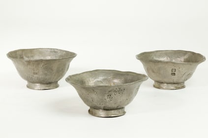3 Chinese 19th C Textured & Incised Pewter Teacups