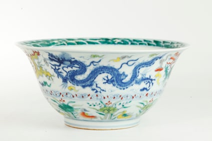 Chinese Doucai Enameled Porcelain Dragon Bowl