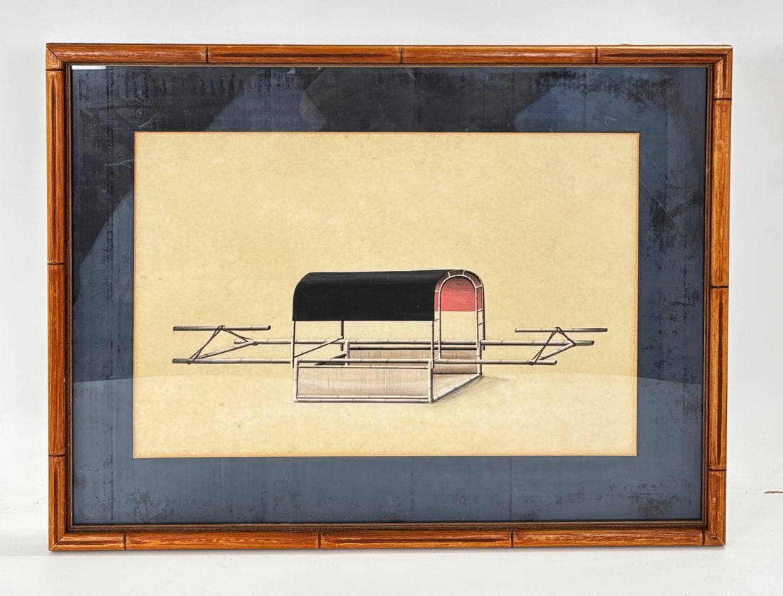 Chinese 19th C Export Gouache, Bamboo Coolie Divan