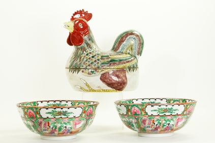 Chinese Porcelain Chicken Tureen; Pair Bowls