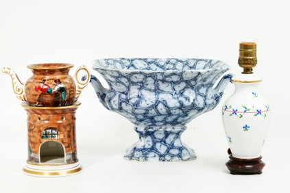 19th C Ironstone Compote, French Teapot, Lamp