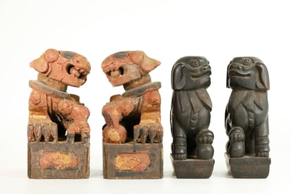 2 Pairs Chinese Carved Wood Fu Dogs on Stands