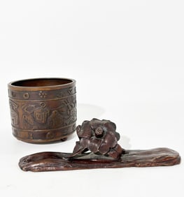 2 Chinese Bronzes; Cast Censer & Scroll Weight