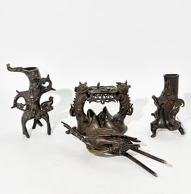 2 Chinese Qing Bronze Tree Vases; Crane & Fu Lion