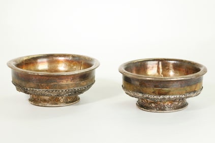 2 Tibetan 19th C Silver Covered Wood Bowls
