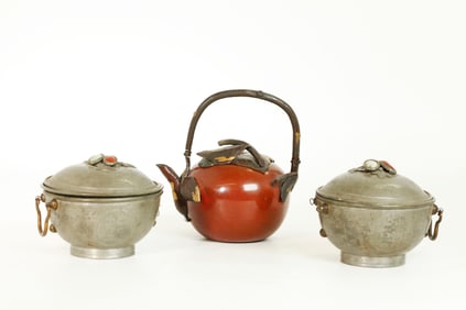 19th C Japanese Teapot, Chinese Pewter Bowls
